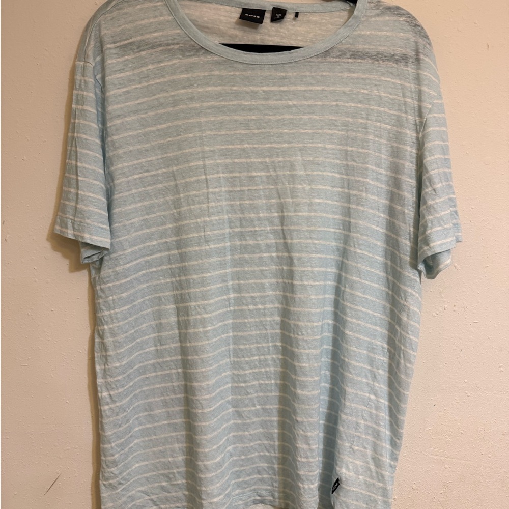Boss Light Blue and White Striped Tee